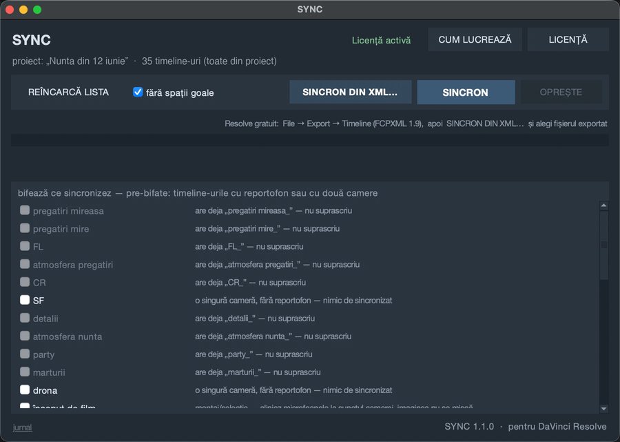 Fereastra SYNC: lista timeline-urilor din proiect, cu butoanele SINCRON și SINCRON DIN XML