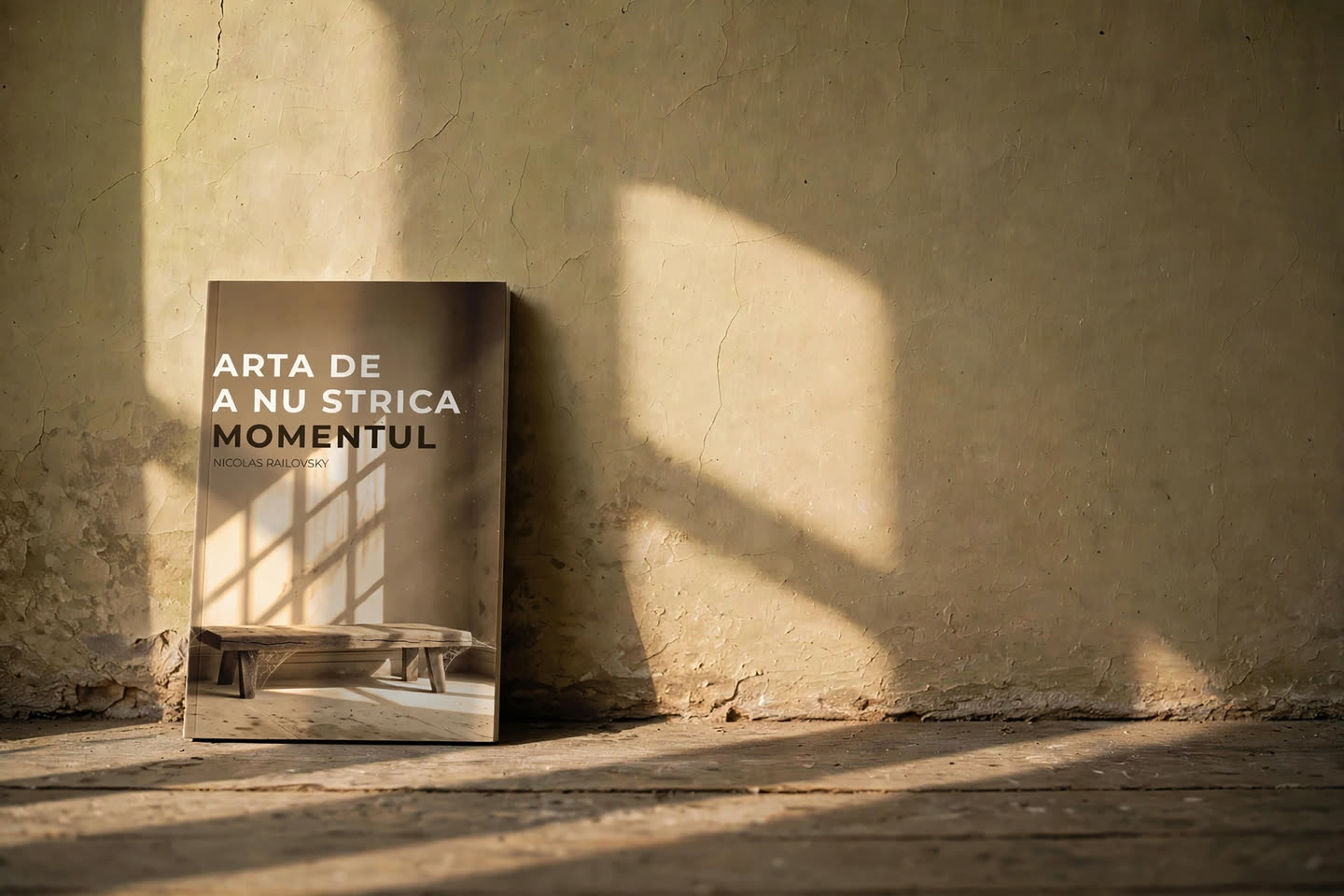 Cartea Arta de a nu strica momentul, sprijinită de un perete de var vechi, în lumina de după-amiază a unei ferestre