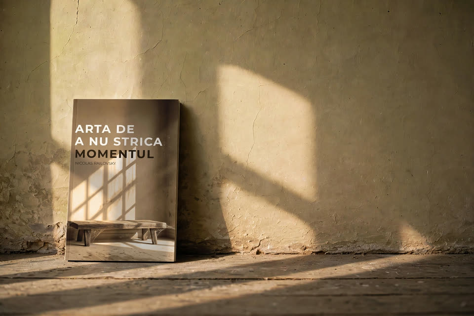 Cartea Arta de a nu strica momentul, sprijinită de un perete de var vechi, în lumina unei ferestre